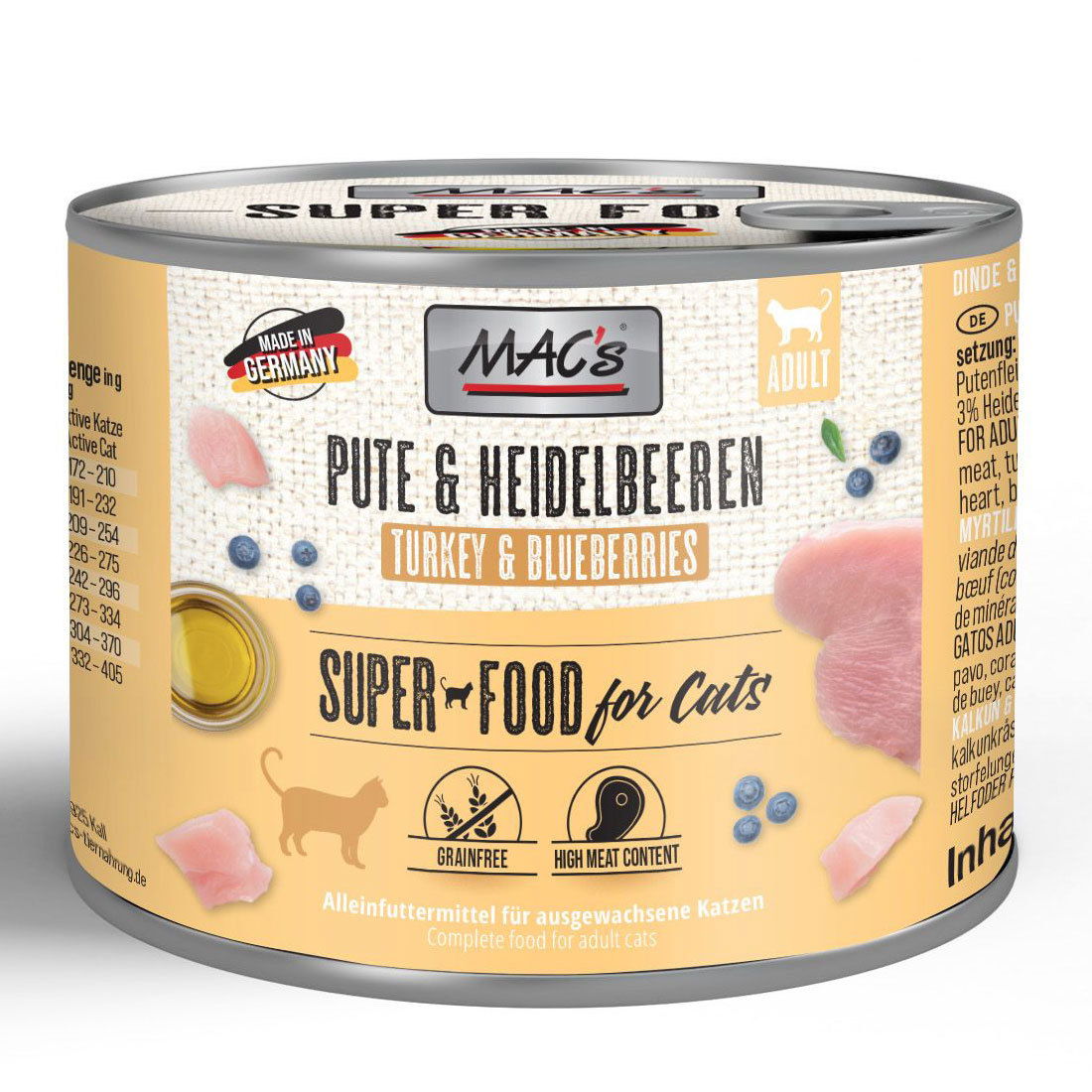 Katzennassfutter MAC’s Cat Dose, Pute und Heidelbeere, 200 g