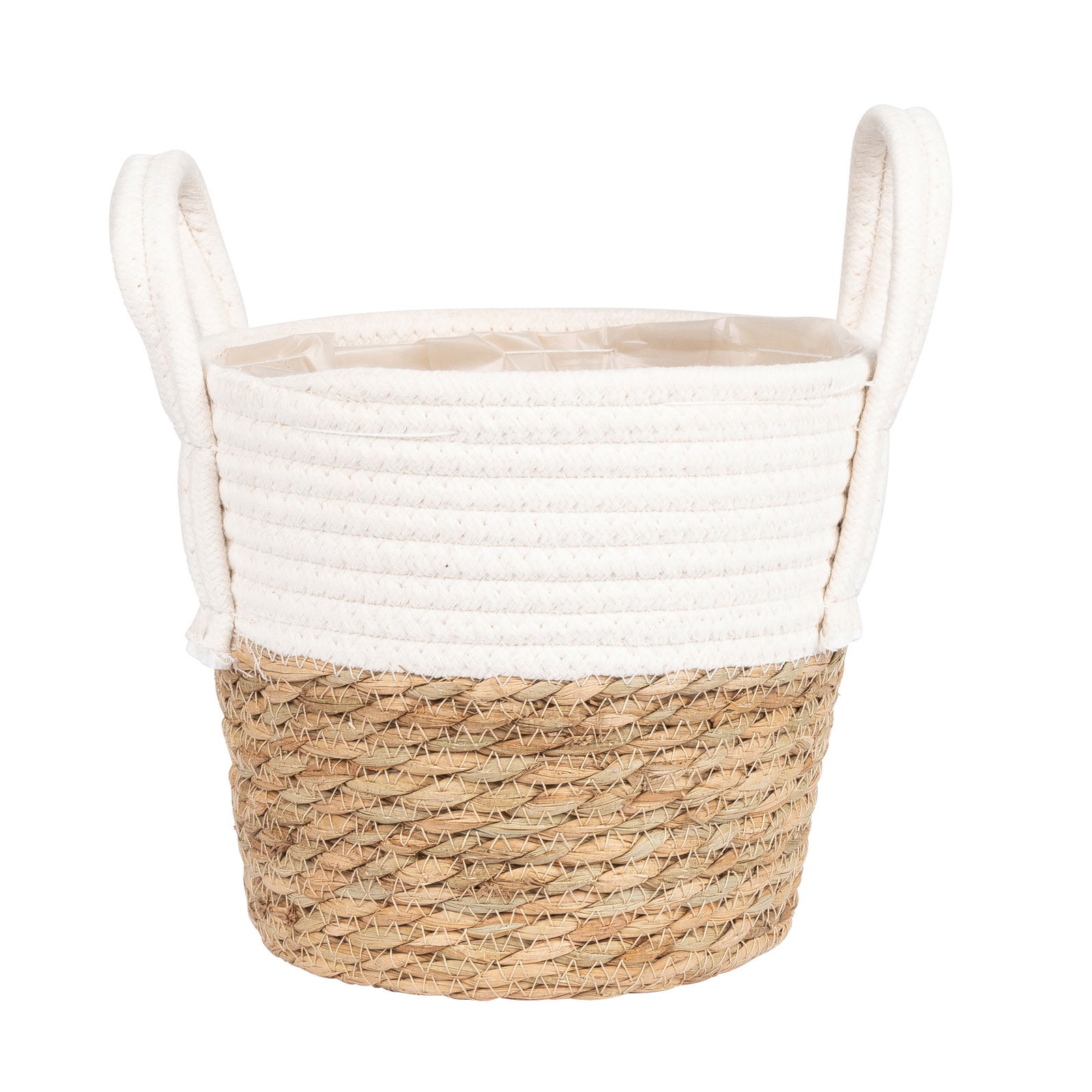 2-farbiger Wohnkorb mit Folieneinsatz, Seegrasgeflecht und Jute, weiß, 21 cm