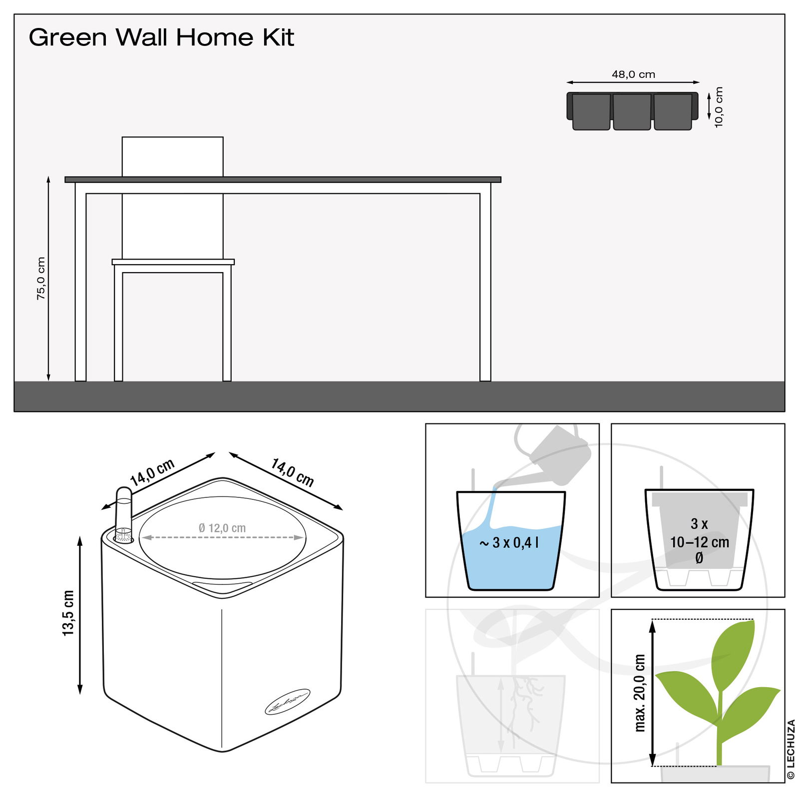 Lechuza® 'Green Wall Home Kit Glossy', anthrazit highgloss, 48 x 15 x H 14 cm