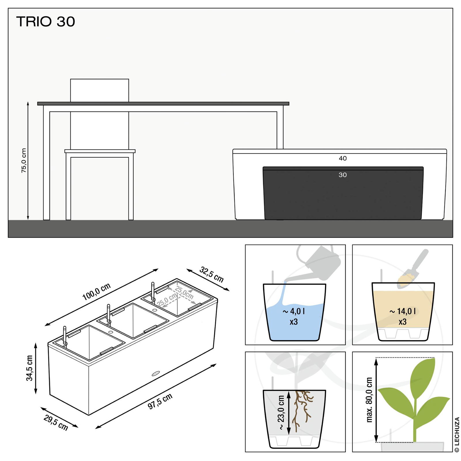 Lechuza® 'Trio Cottage 30', lichtgrau, 100 x 32,5 x H 34,5 cm