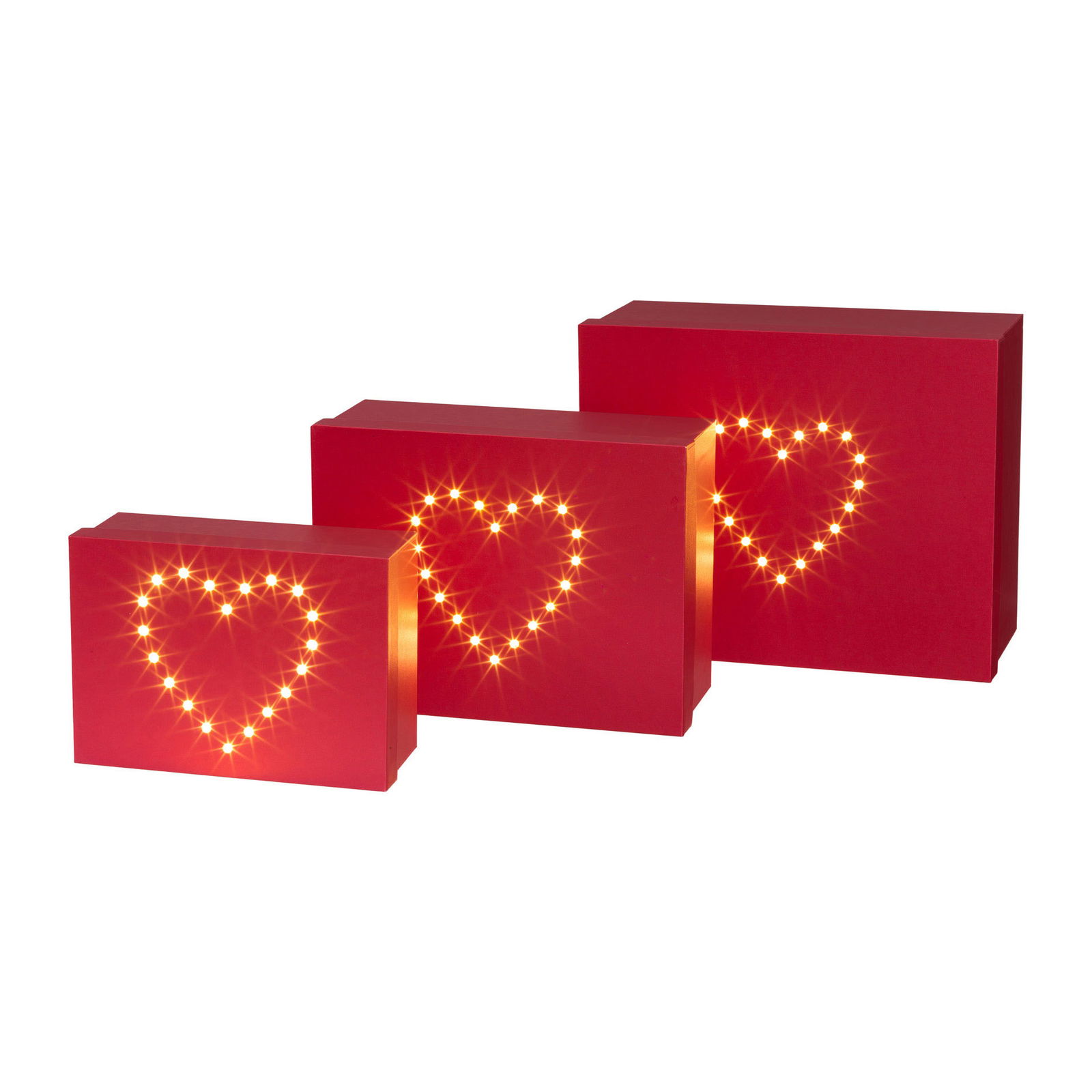 3er-Set Geschenkbox mit LED-Herz, rechteckig, Rot