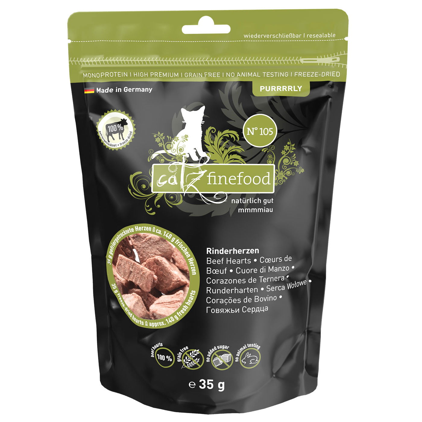 Ergänzungsfutter für Katzen, Catz Finefood Purrrrly No. 105, Rinderherzen, 35 g