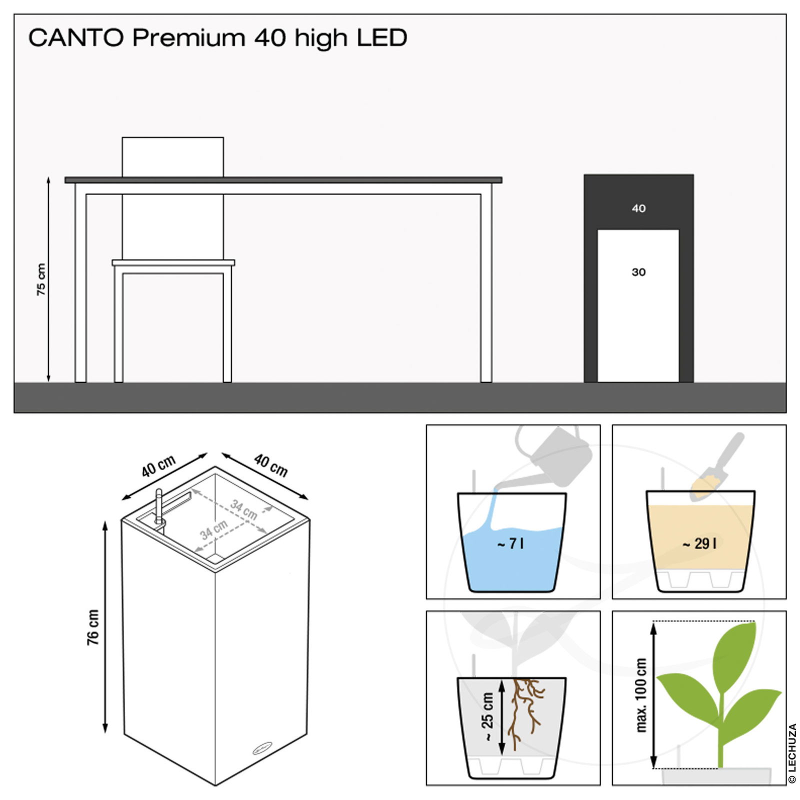 Lechuza 'Canto Premium 40 high LED', silber, 40 x 40 x H 40 cm