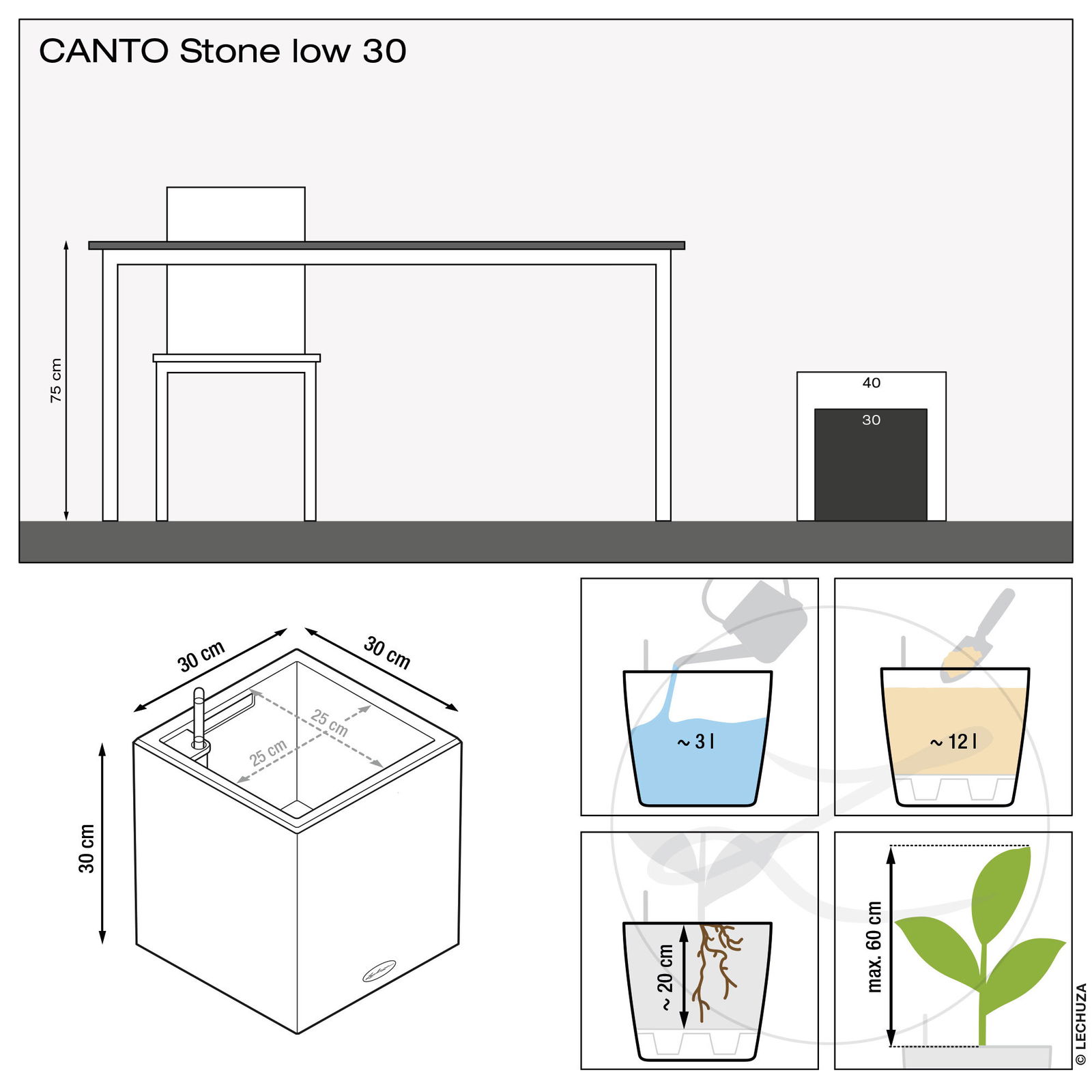 Lechuza 'Canto Stone 30 low', steingrau, 30 x 30 x H 30 cm