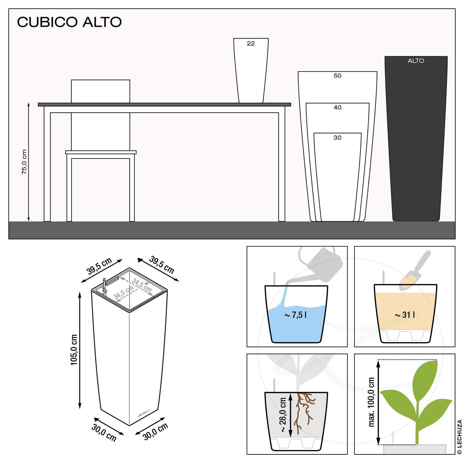 Lechuza 'Cubico Alto 40', silber, 39,5 x 39,5 x 105 cm