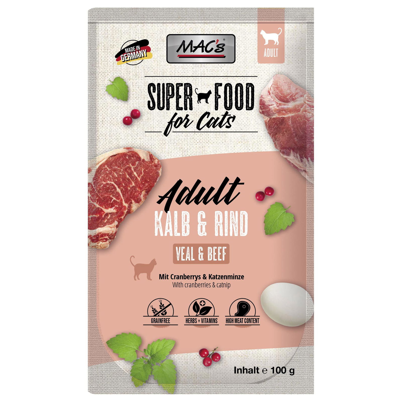 MAC'S Cat Pouch Packs, Kalb & Rind, Nassfutter, 100 g