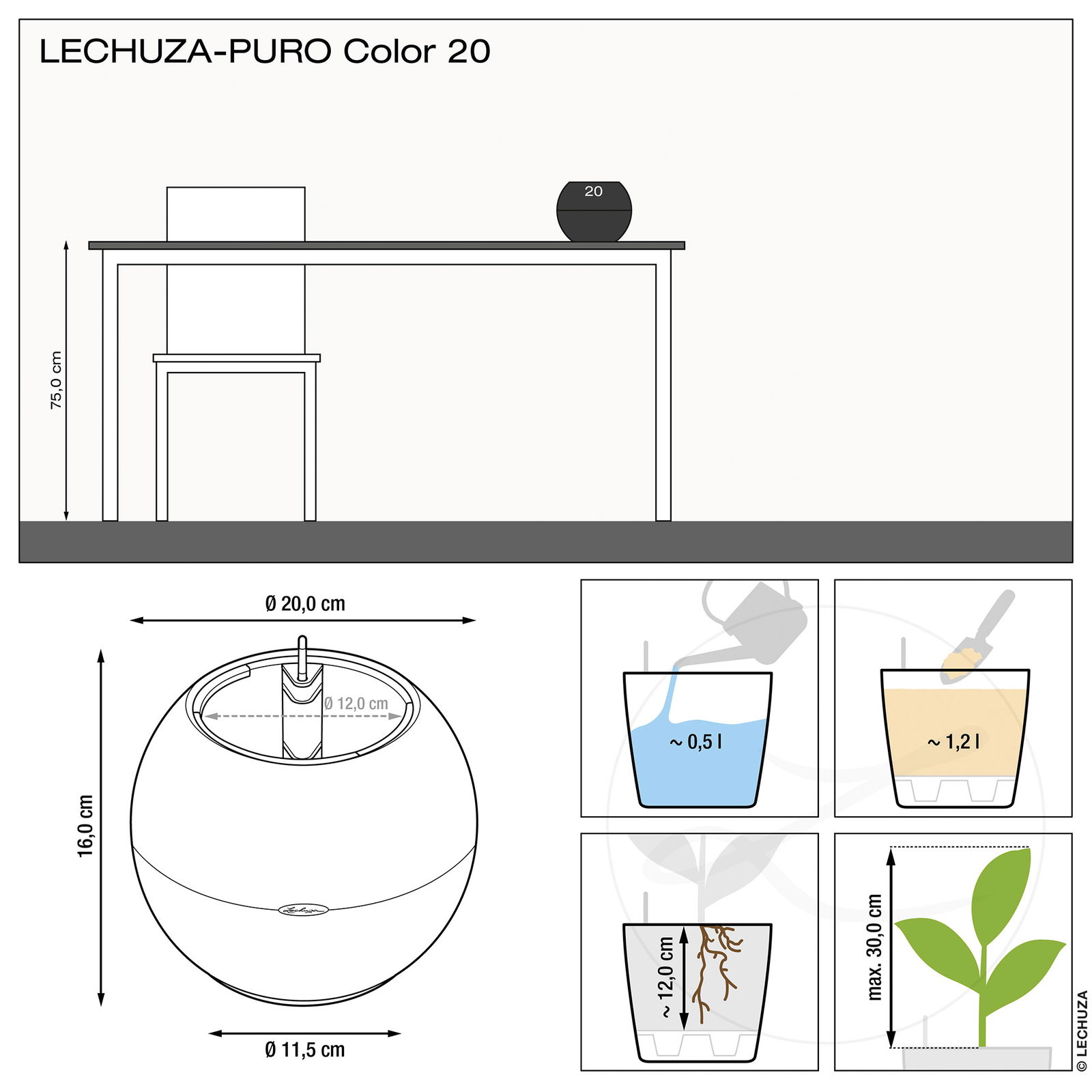 Lechuza® 'Puro Color 20', sandbraun, Ø 20 x H 16 cm