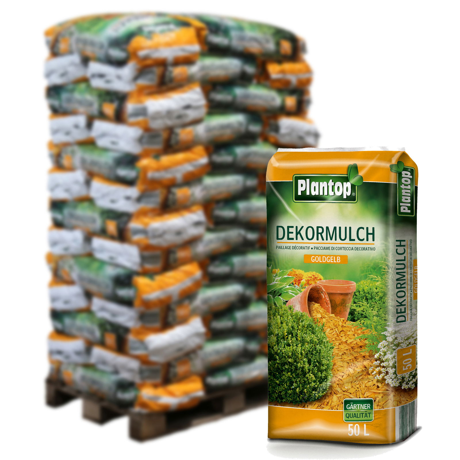 Plantop Dekormulch goldgelb, 1950 l gesamt, 39 Sack á 50 Liter