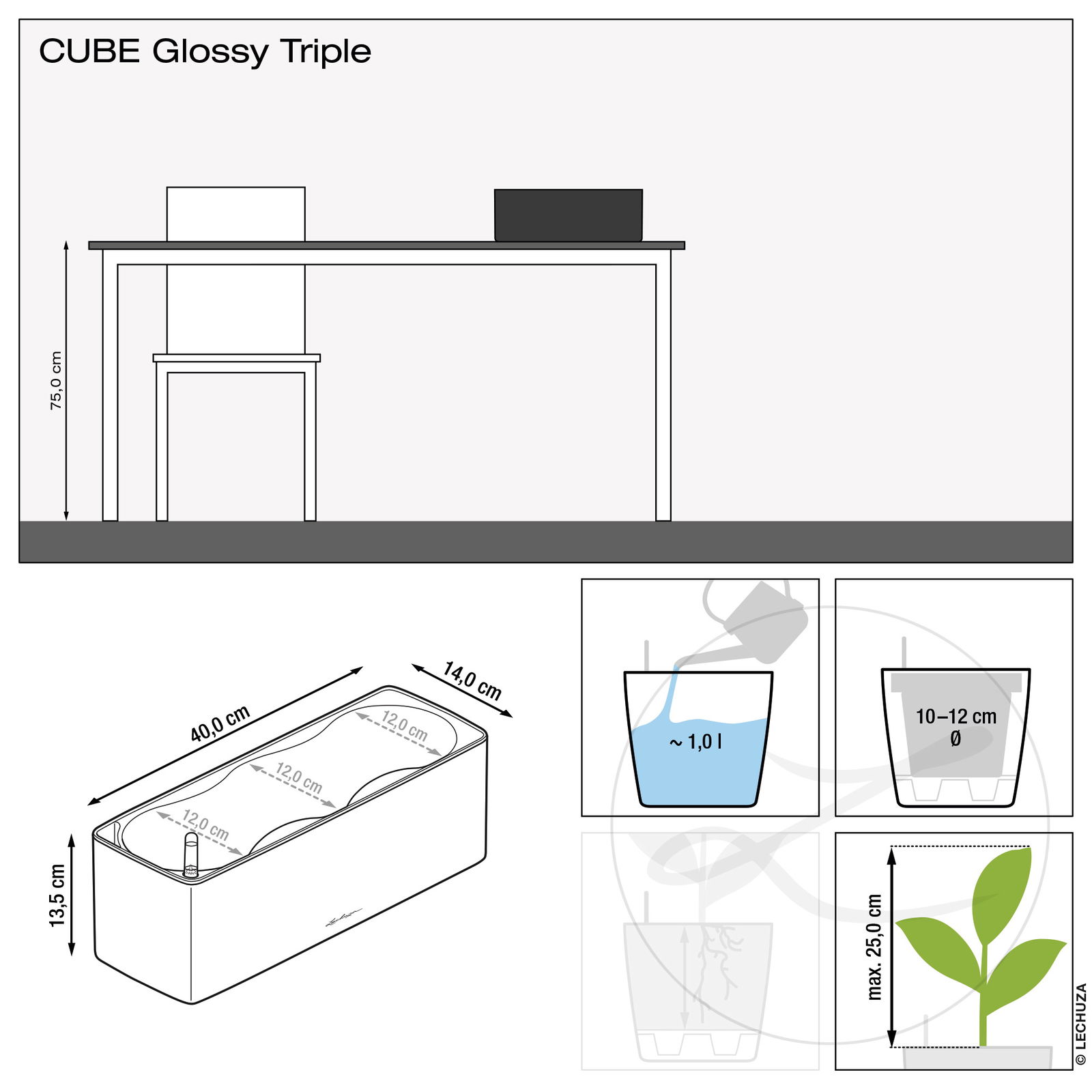 Lechuza® 'Cube Glossy Triple', anthrazit highloss, 14 x 40 x H 13,5 cm