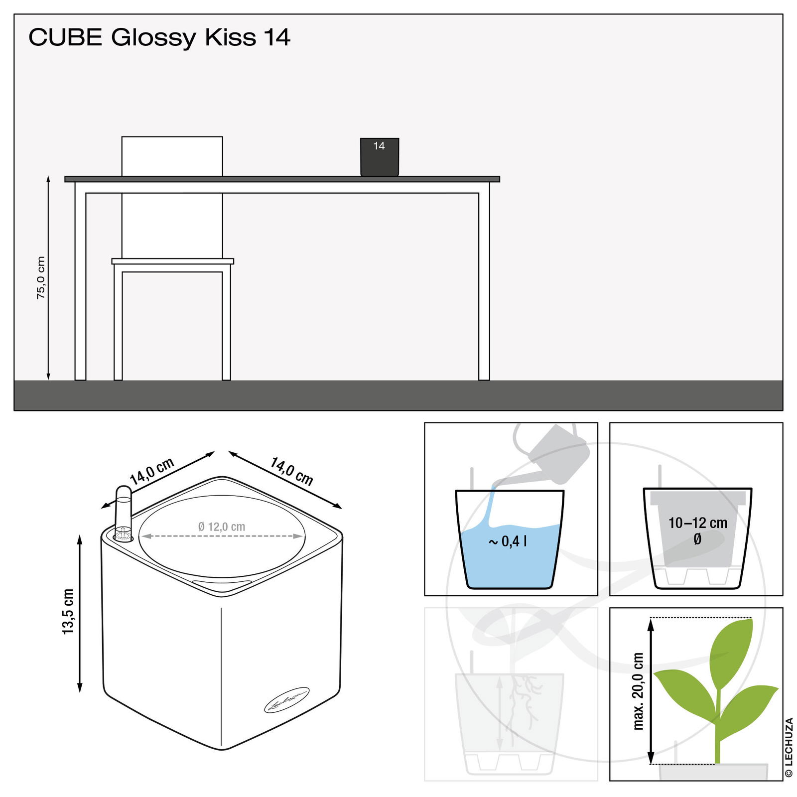 Lechuza 'Cube Glossy 14', anthrazit, 14 x 14 x H 13,5 cm