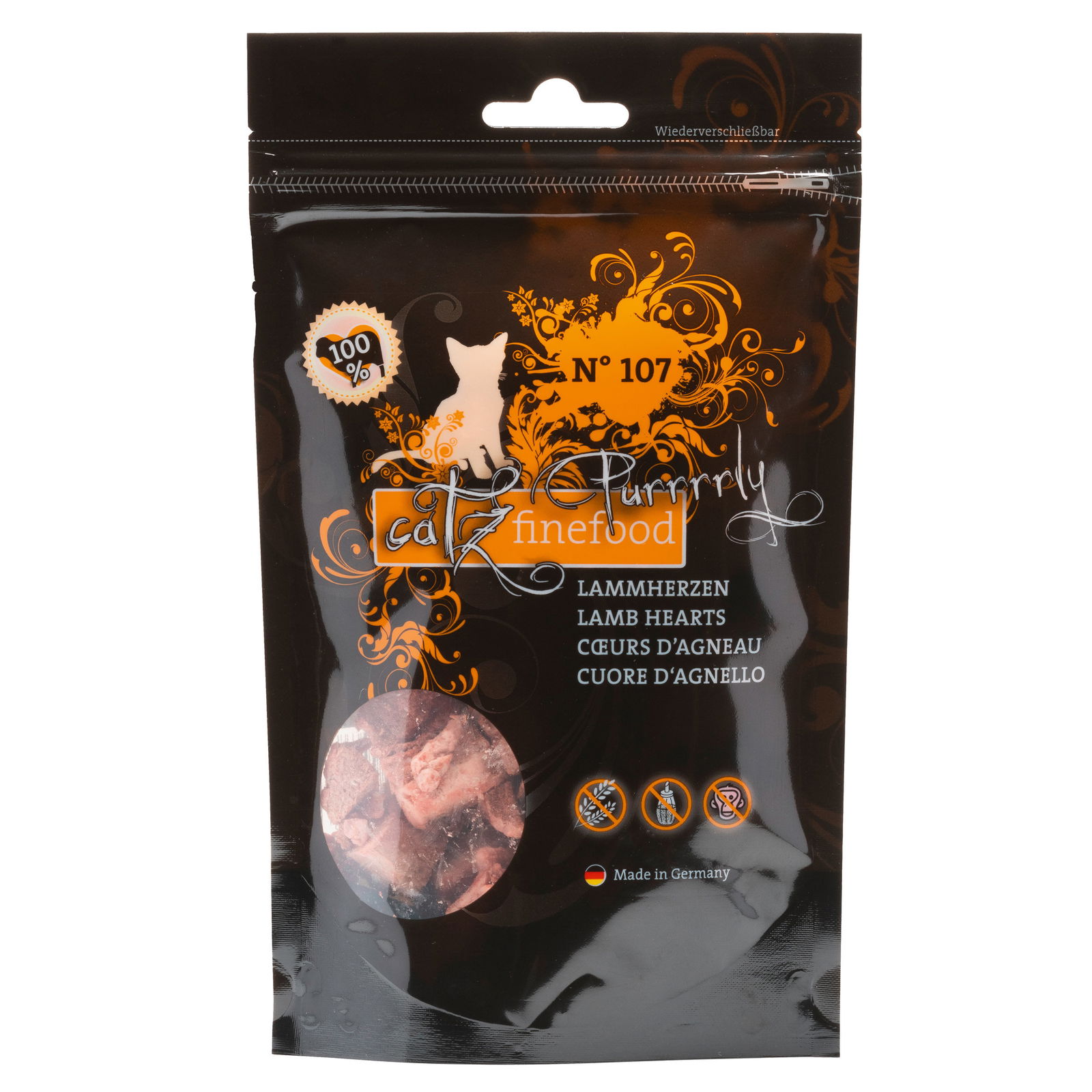 Ergänzungsfutter für Katzen, Catz Finefood Purrrrly No. 107, Lammherzen, 35 g