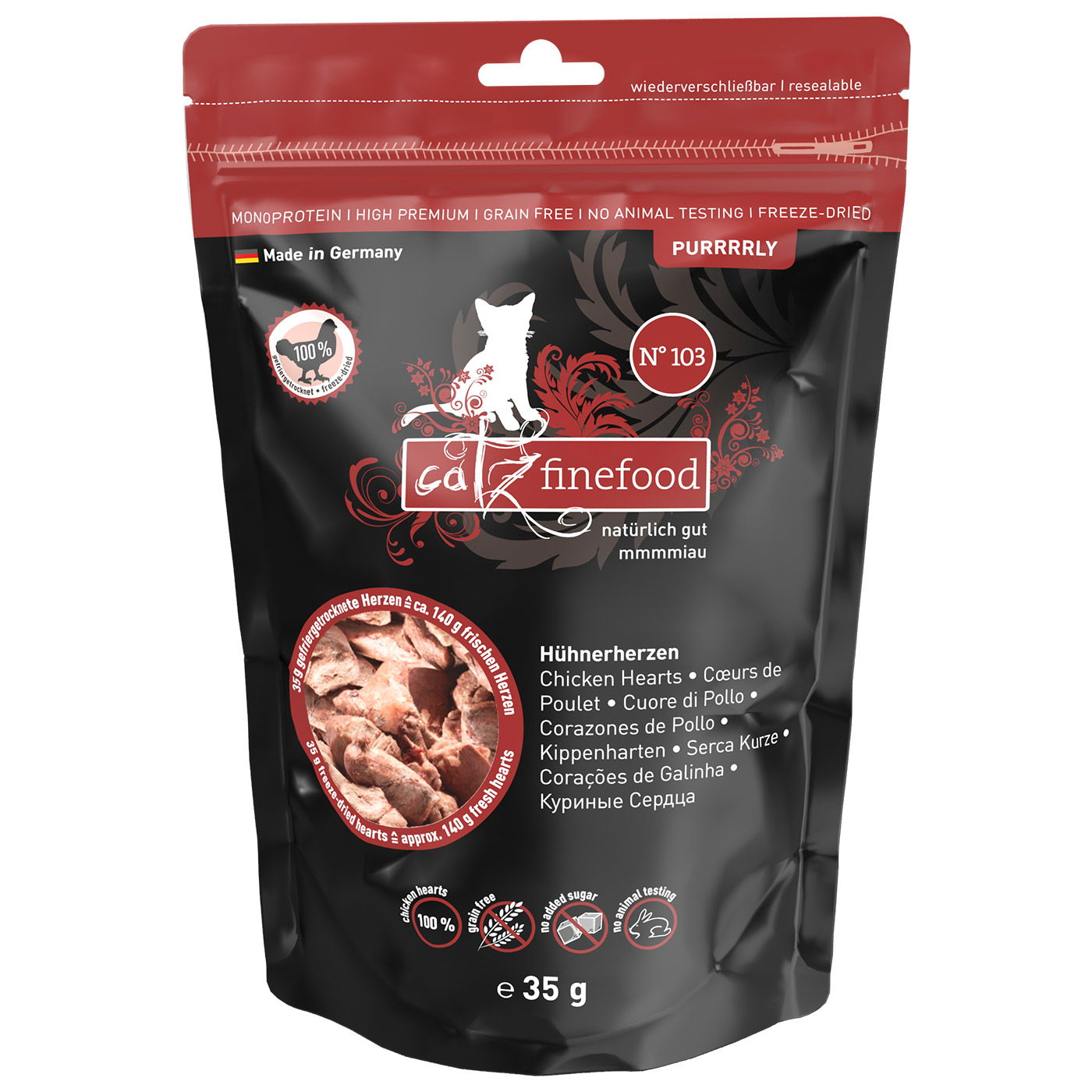 Ergänzungsfutter für Katzen, Catz Finefood Purrrrly No. 103, Hühnerherzen 35 g