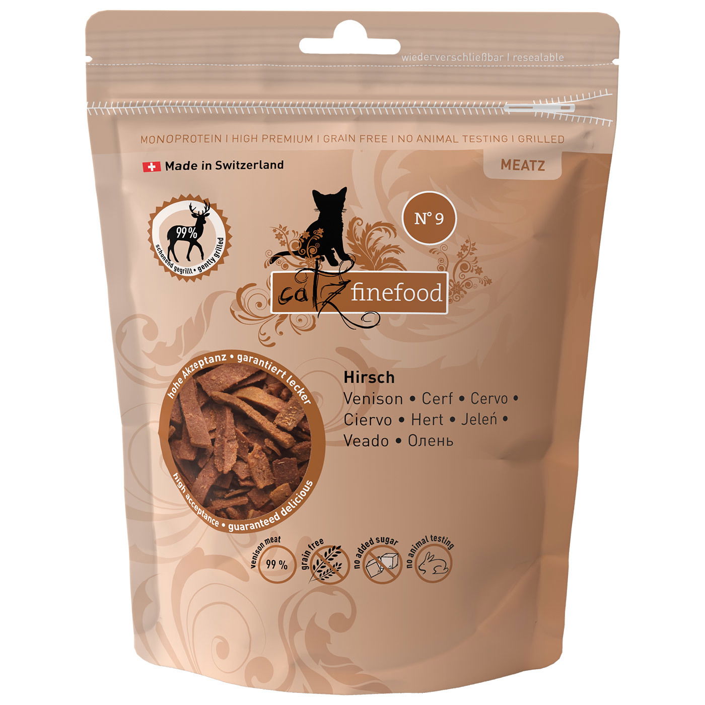 Ergänzungsfutter für Katzen, Catz Finefood Meatz No. 9, Hirsch, 45 g